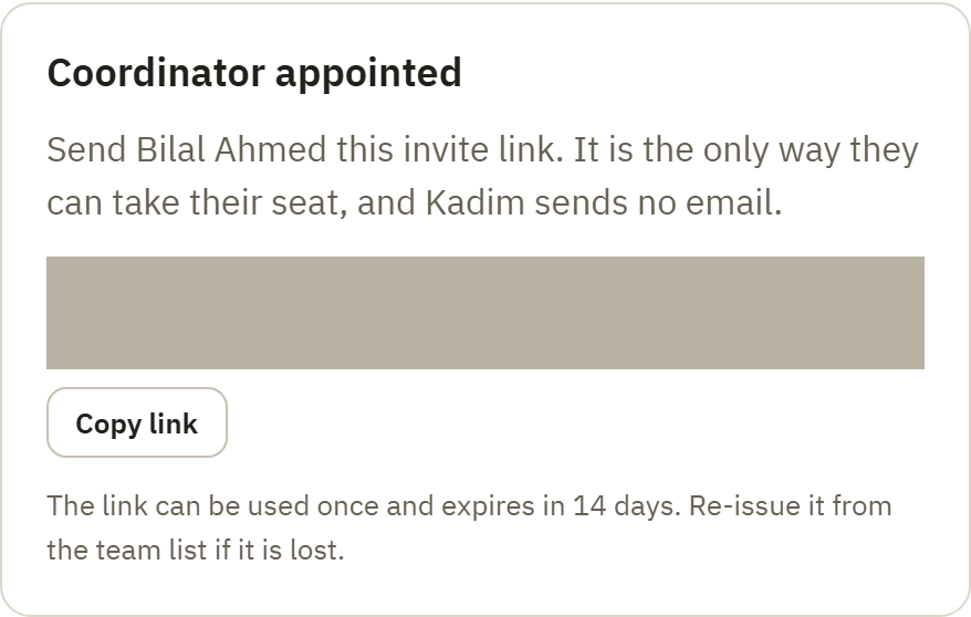 The invite-link success card with a Copy link button; the token itself is masked