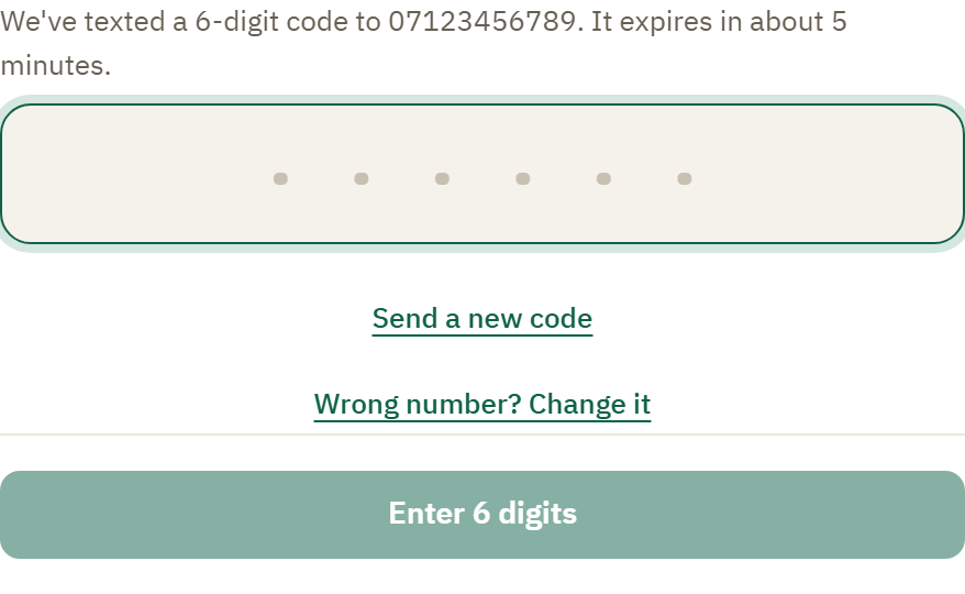 The 6-digit code field with a Send a new code button beneath it