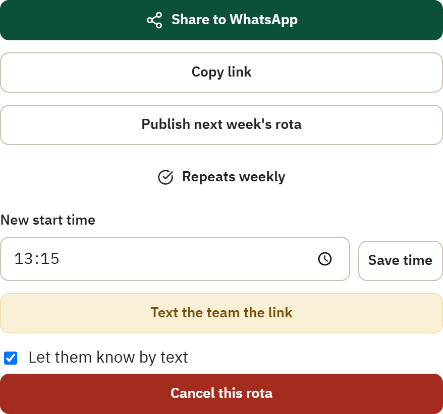 The ⋯ Rota actions sheet: Share to WhatsApp, Copy link, and Text the team the link